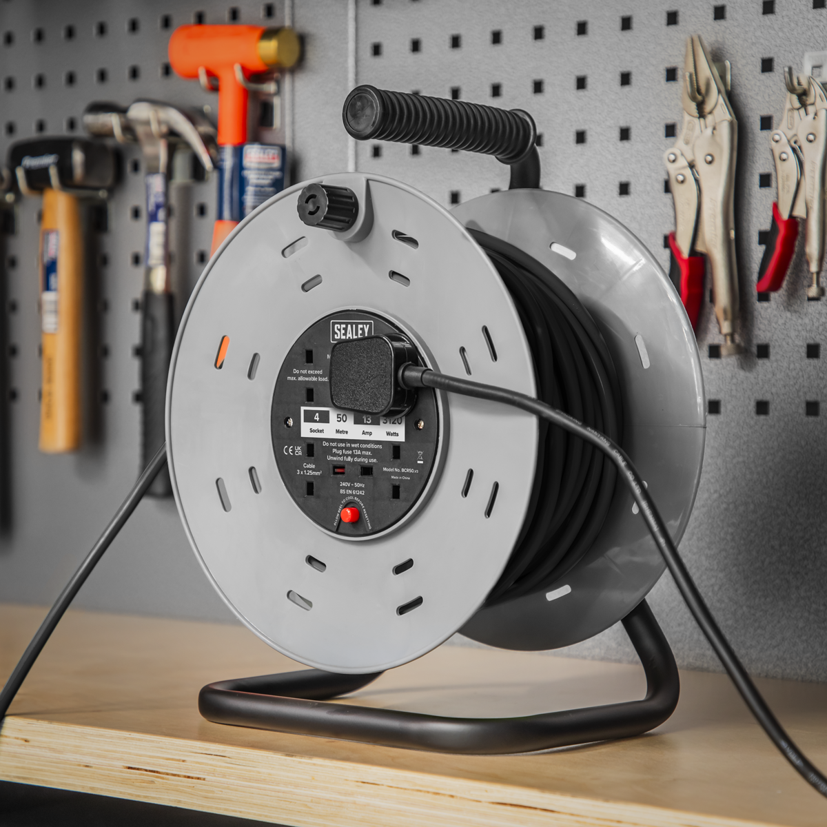 Sealey BCR50 50m Cable Reel with Thermal Trip 4 x 230V