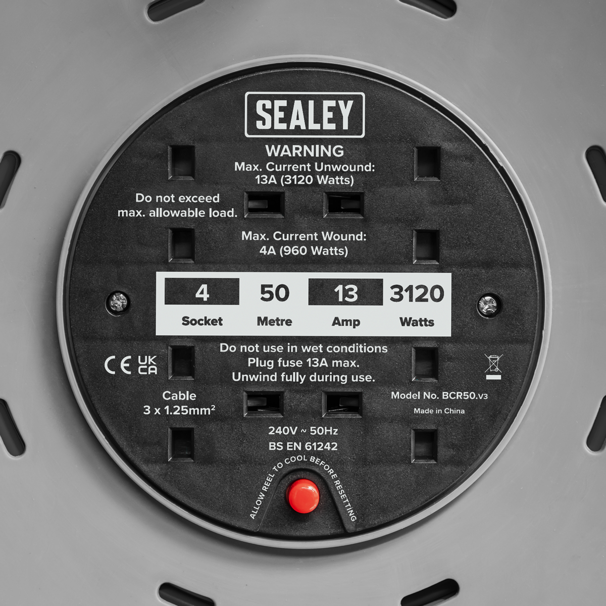 Sealey BCR50 50m Cable Reel with Thermal Trip 4 x 230V