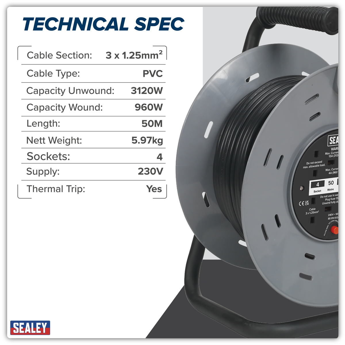 Sealey BCR50 50m Cable Reel with Thermal Trip 4 x 230V
