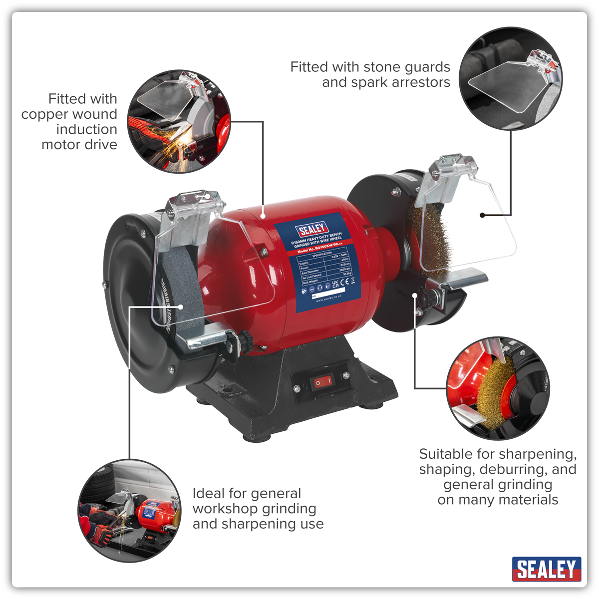Sealey BG150XW/99 150mm Heavy-Duty Bench Grinder with Wire Wheel 450W/230V