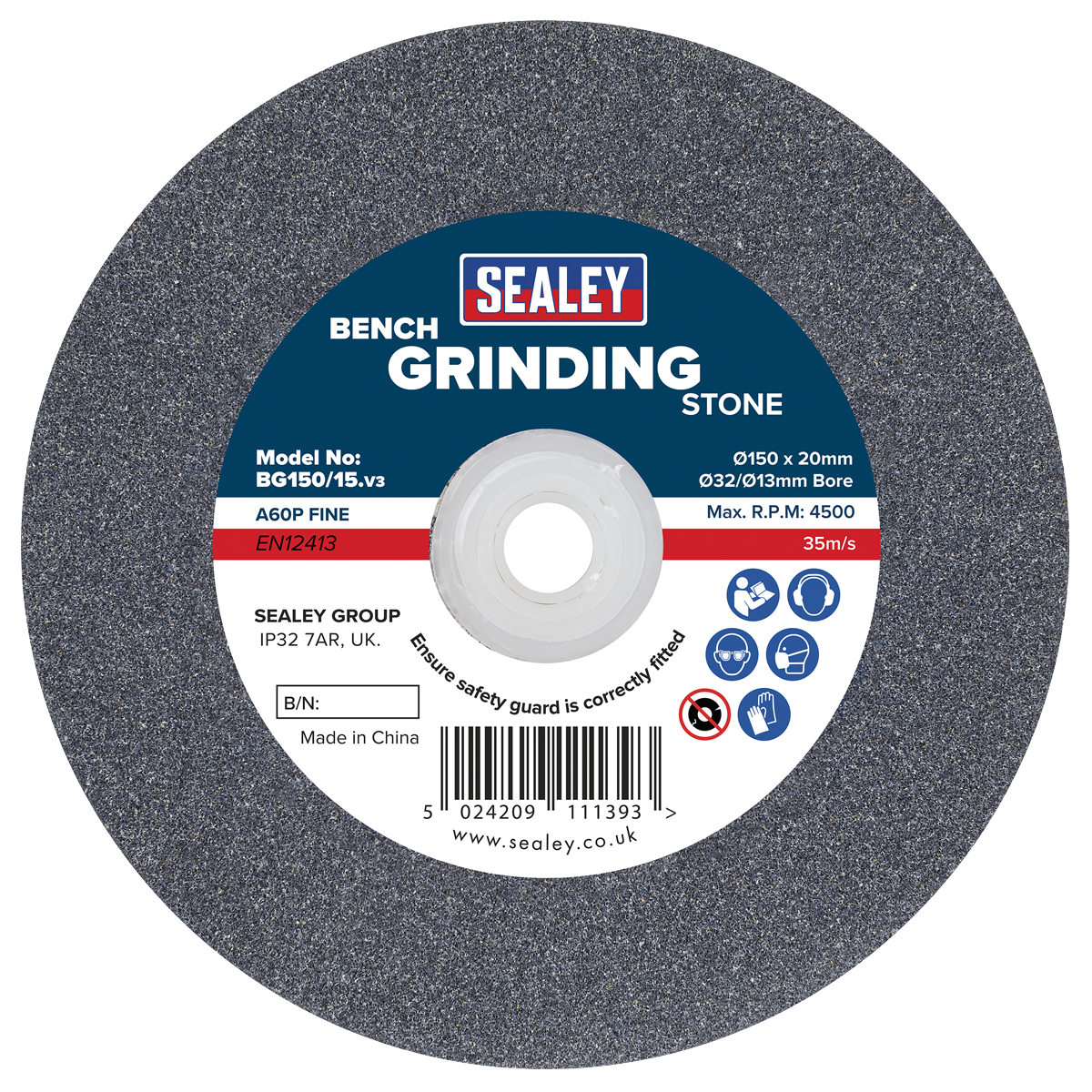 Sealey BG150/15 150 x 20mm Grinding Stone 32(13)mm Bore - A60P Fine