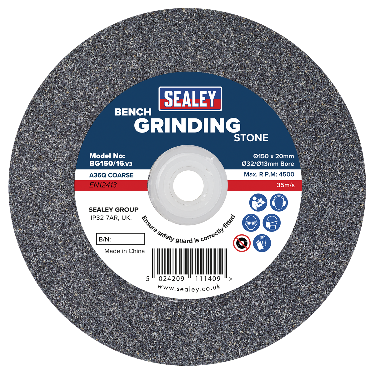 Sealey BG150/16 150 x 20mm Grinding Stone 32(13)mm Bore - A36Q Coarse