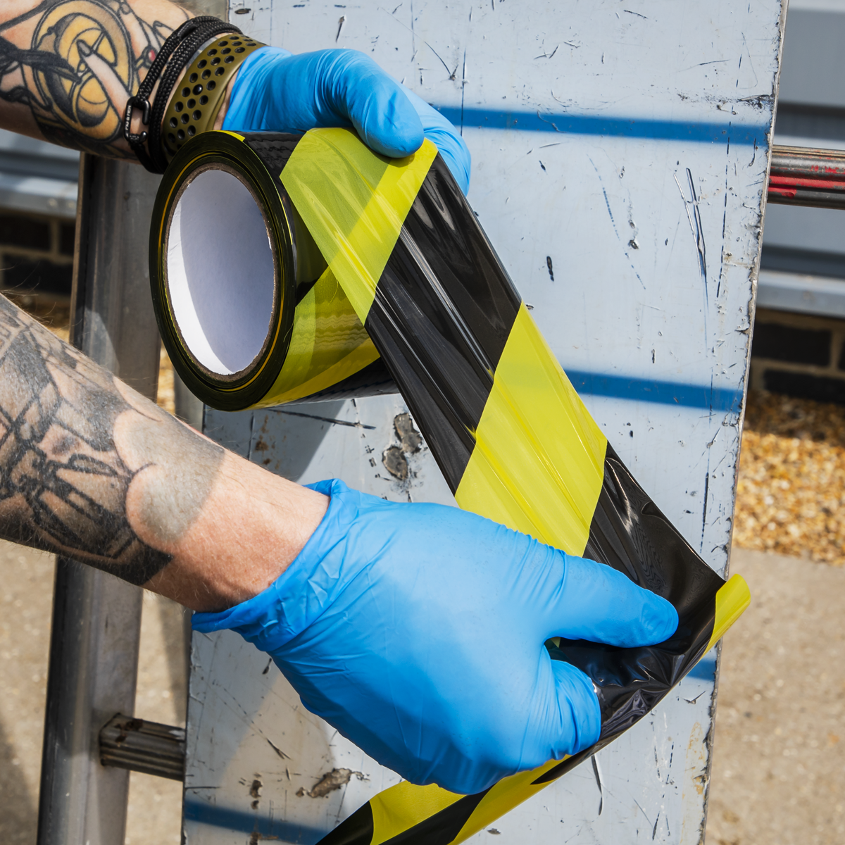 Sealey BTBY Non-Adhesive Hazard Warning Barrier Tape 80mm x 100m - Black/Yellow