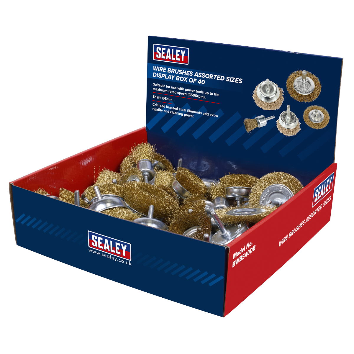 Sealey BWBS40DB Crimped Wire Brushes Assorted Sizes - Display Box of 40
