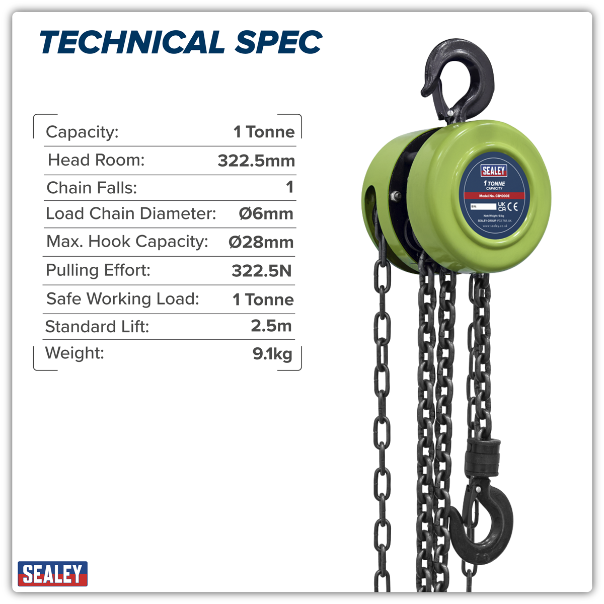 Sealey CB1000E 2.5m Chain Block 1 Tonne