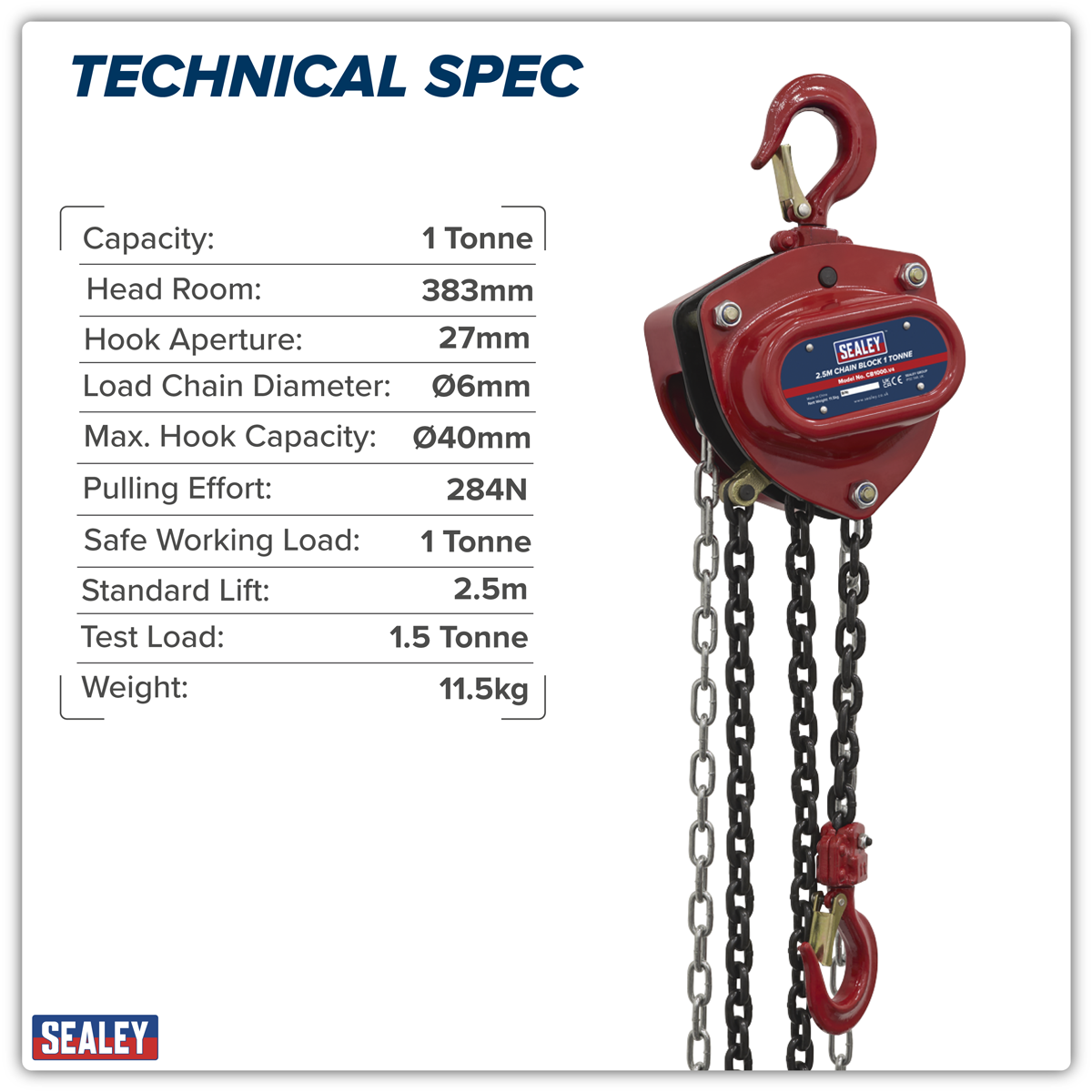 Sealey CB1000 2.5m Chain Block 1 Tonne