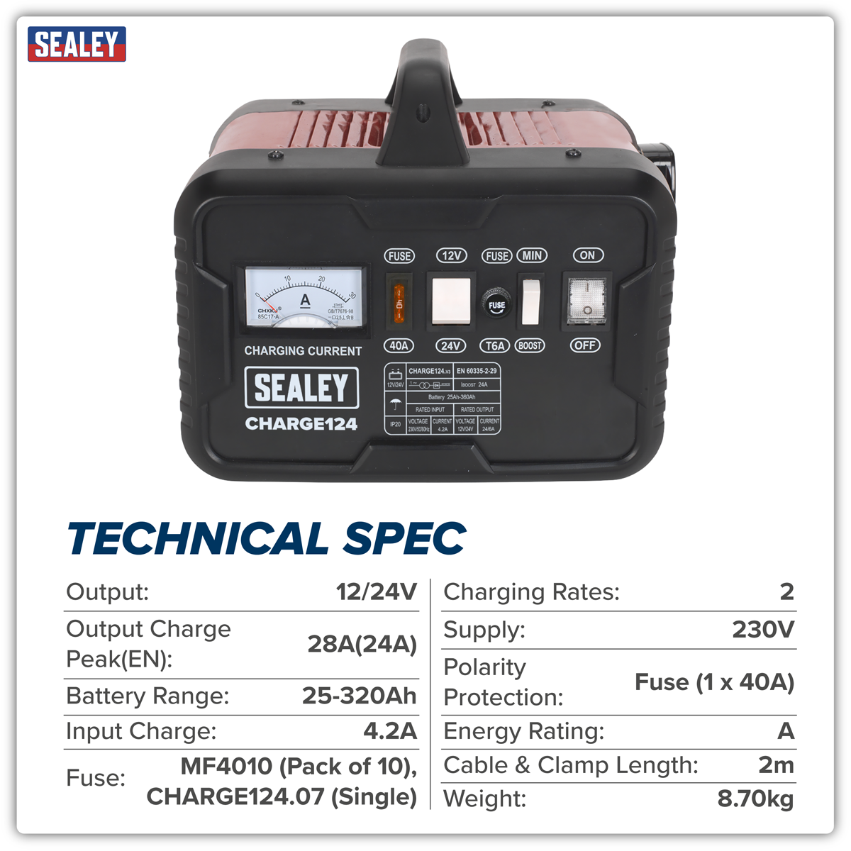 Sealey CHARGE124 12/24V Battery Charger 28A 230V