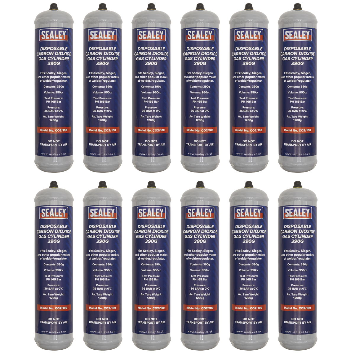 Sealey CO2/100/12 Disposable Carbon Dioxide Gas Cylinder 390g - Box of 12