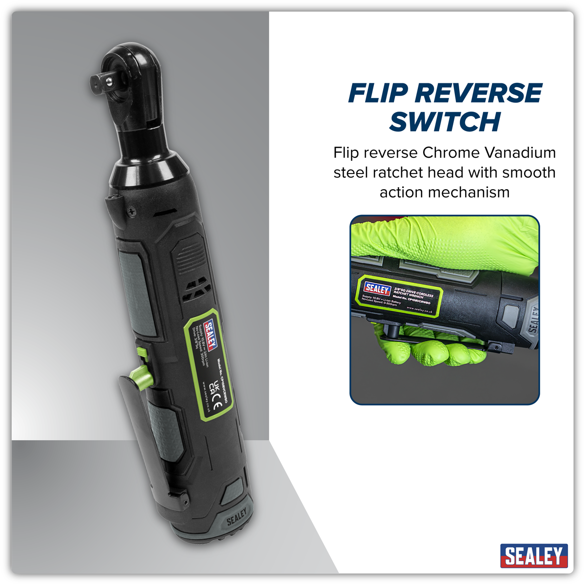 Sealey CP108VCRW SV10.8 Series 3/8"Sq Drive Cordless Ratchet Wrench Kit 45Nm 10.8V 2Ah