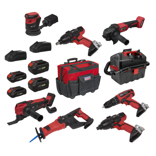 Sealey CP20VCOMBO4EU 8 x SV20 Series Cordless Power Tool Kit 20V Euro Plug - 4 Batteries