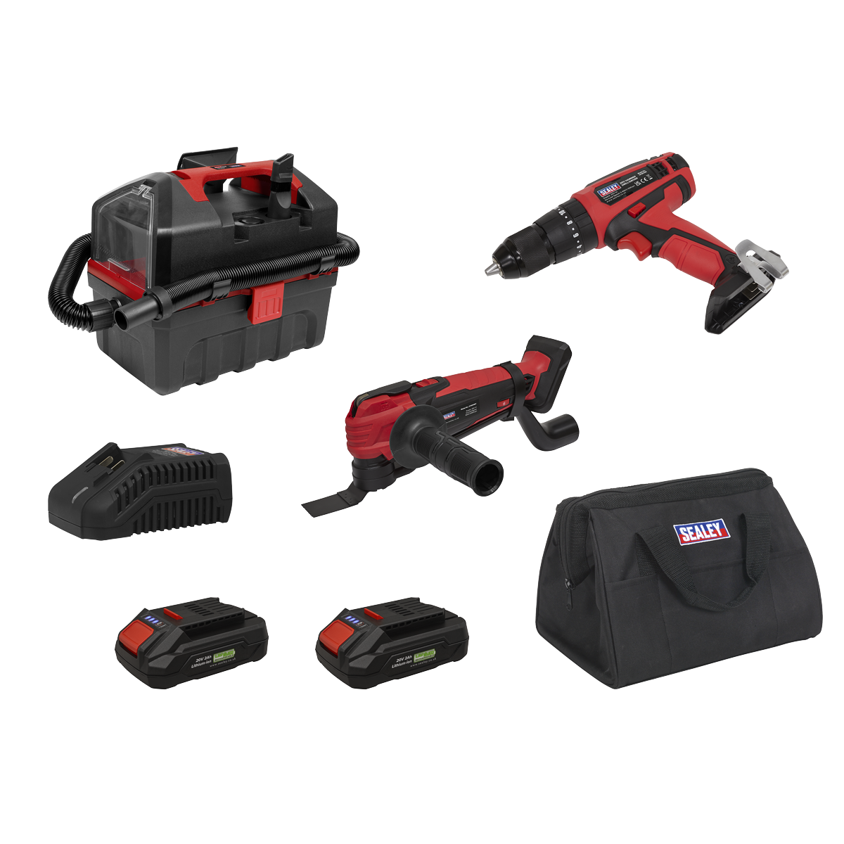 Sealey CP20VCOMBO5EU 3 x SV20 Series Cordless Power Tool Vac Kit 20V Euro Plug - 2 Batteries