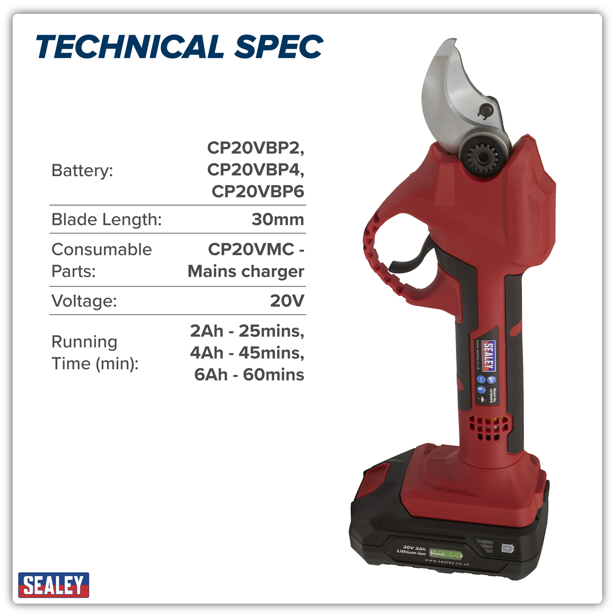Sealey CP20VPSKIT SV20 Series Brushless Cordless Pruning Shears Kit 20V 2Ah - 2 Batteries