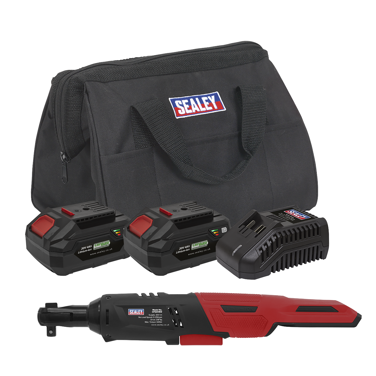 Sealey CP20VRWKIT SV20 Series 3/8"Sq Drive Cordless Ratchet Wrench Kit 60Nm 20V 4Ah - 2 Batteries