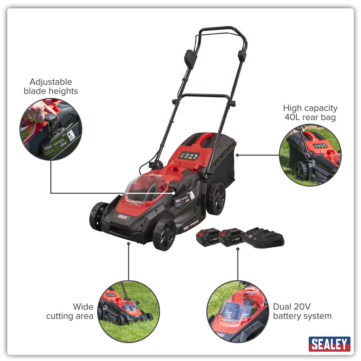 Sealey CP40VLMKIT SV20 Series Cordless Lawn Mower Kit 40V 4Ah 40cm