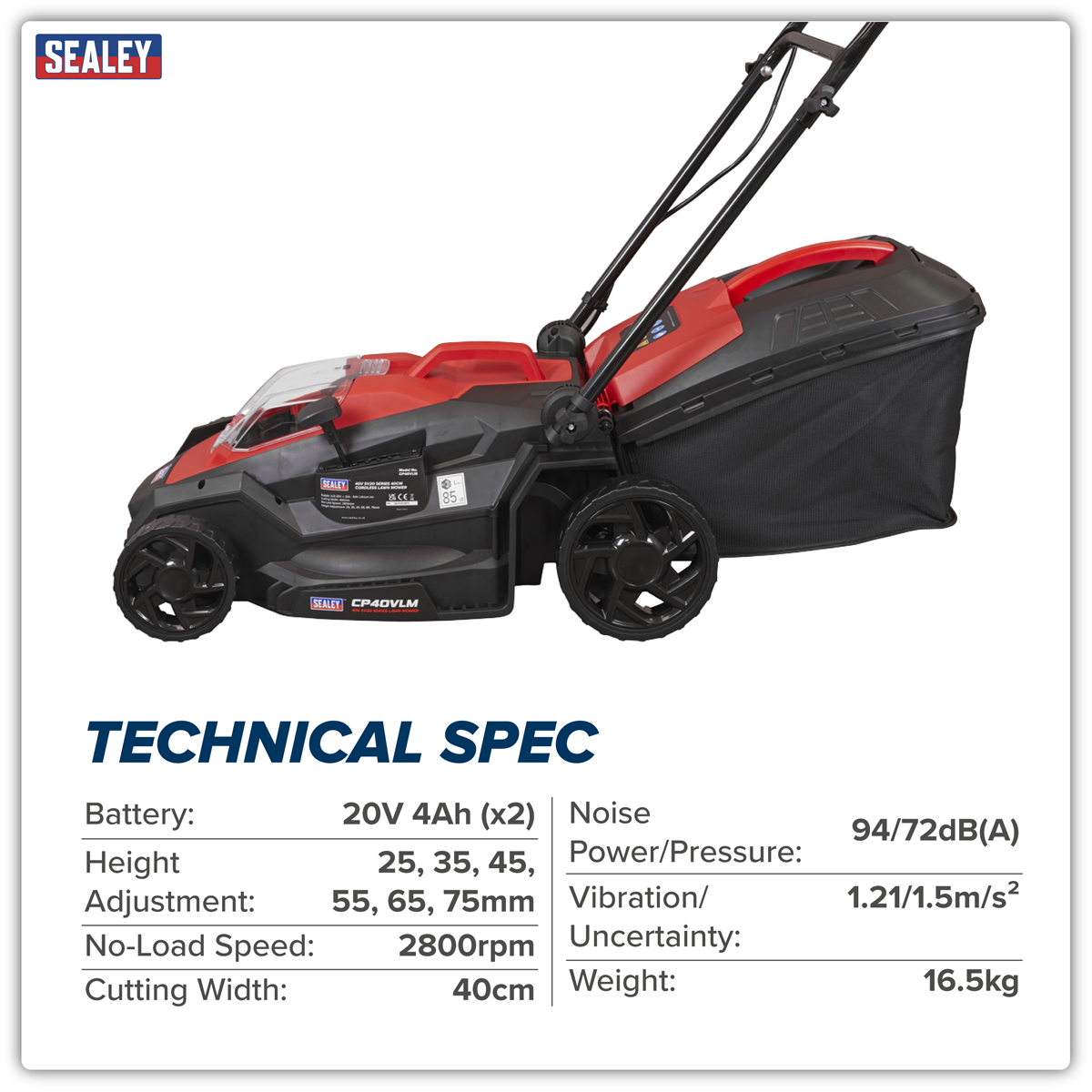 Sealey CP40VLMKIT Cordless Lawn Mower Kit 40V 4Ah SV20 Series 40cm