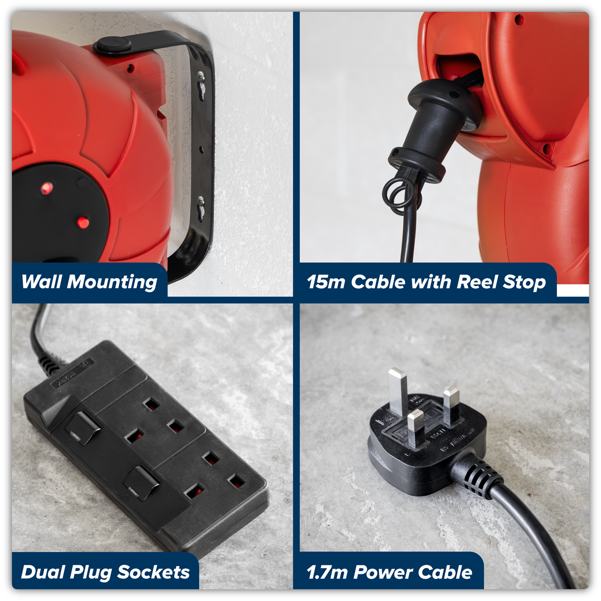 Sealey CRM15 Cable Reel System Retractable 15m 2 x 230V Socket