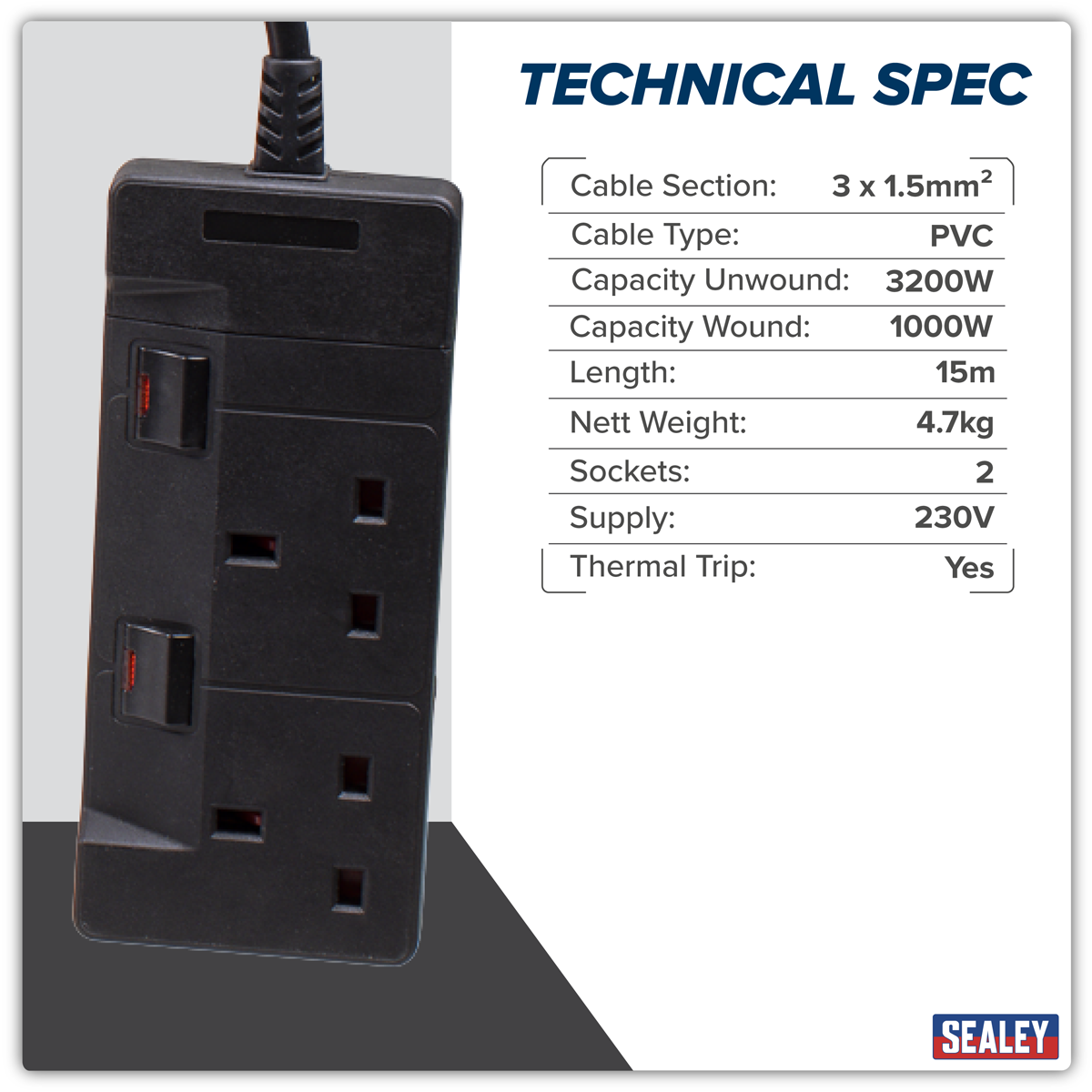 Sealey CRM15 Cable Reel System Retractable 15m 2 x 230V Socket