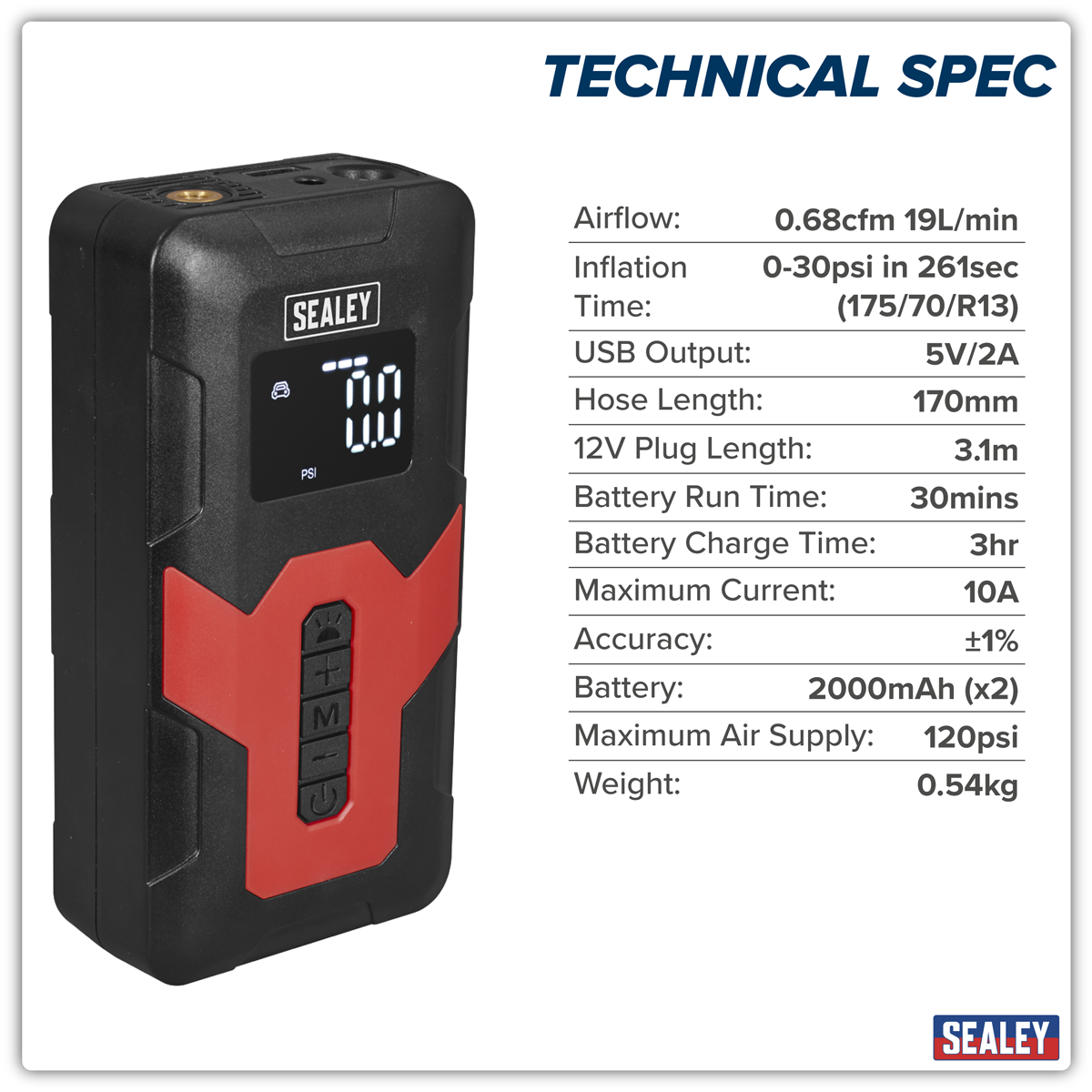 Sealey CTI140 Rechargeable Tyre Inflator & Power Bank with Worklight 12V