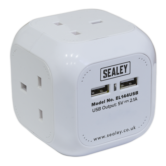 Sealey EL144USB 1.4m Extension Cable Cube 4 x 230V & 2 x USB - White