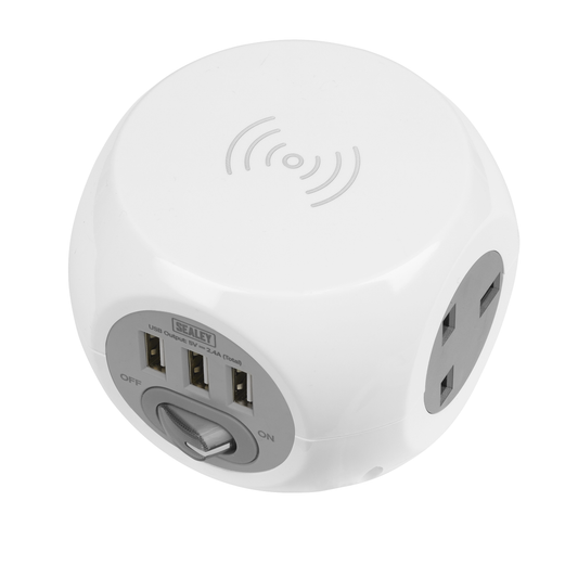 Sealey EL144WC 1.4m Extension Cable Cube & Wireless Charging Pad 3 x 230V & 3 x USB