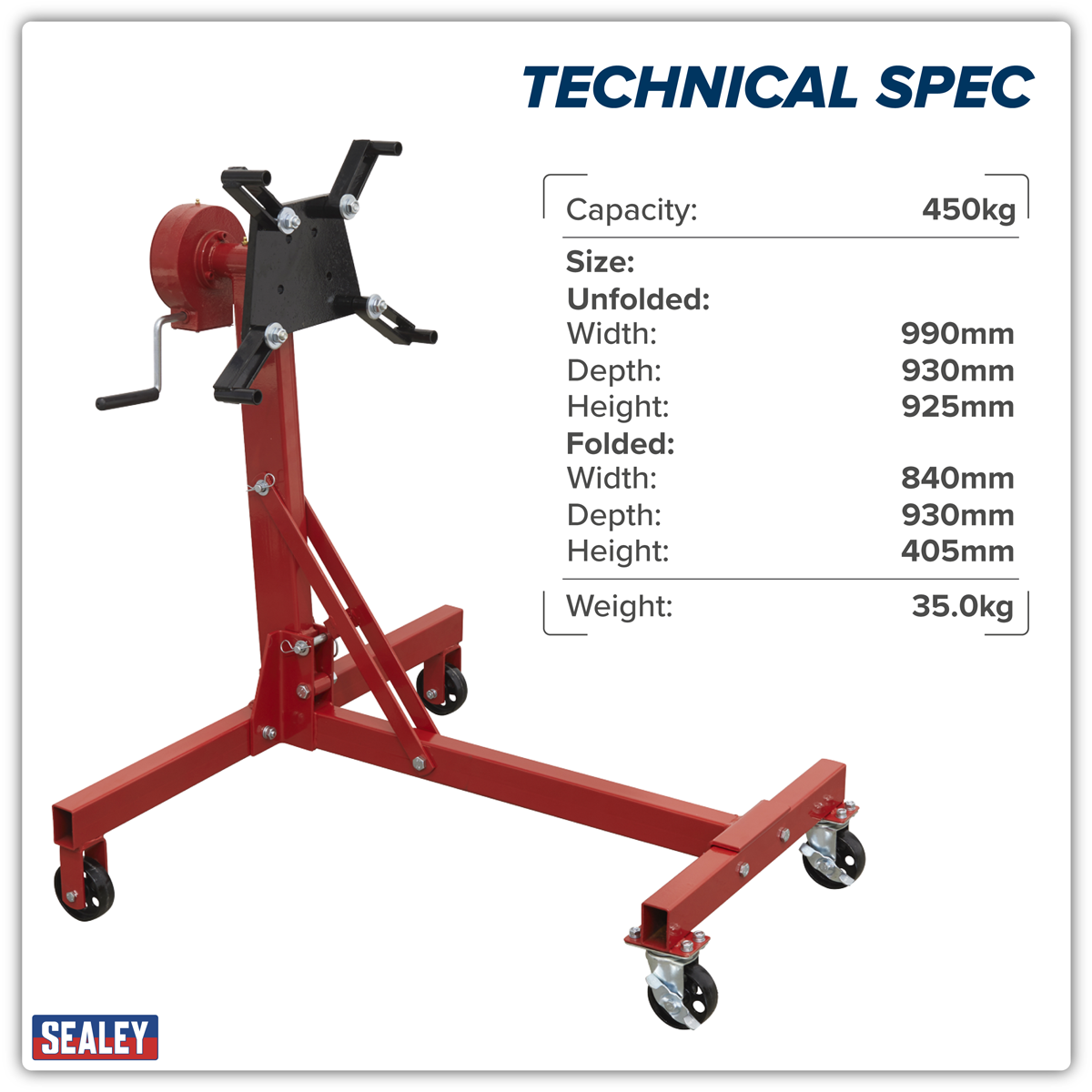 Sealey ES480D Folding 360º Rotating Engine Stand with Geared Handle Drive 450kg Capacity
