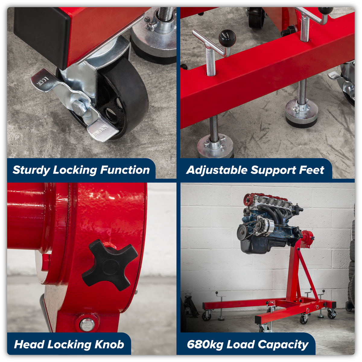 Sealey ES680D Folding 360º Rotating Engine Stand with Geared Handle Drive 680kg Capacity