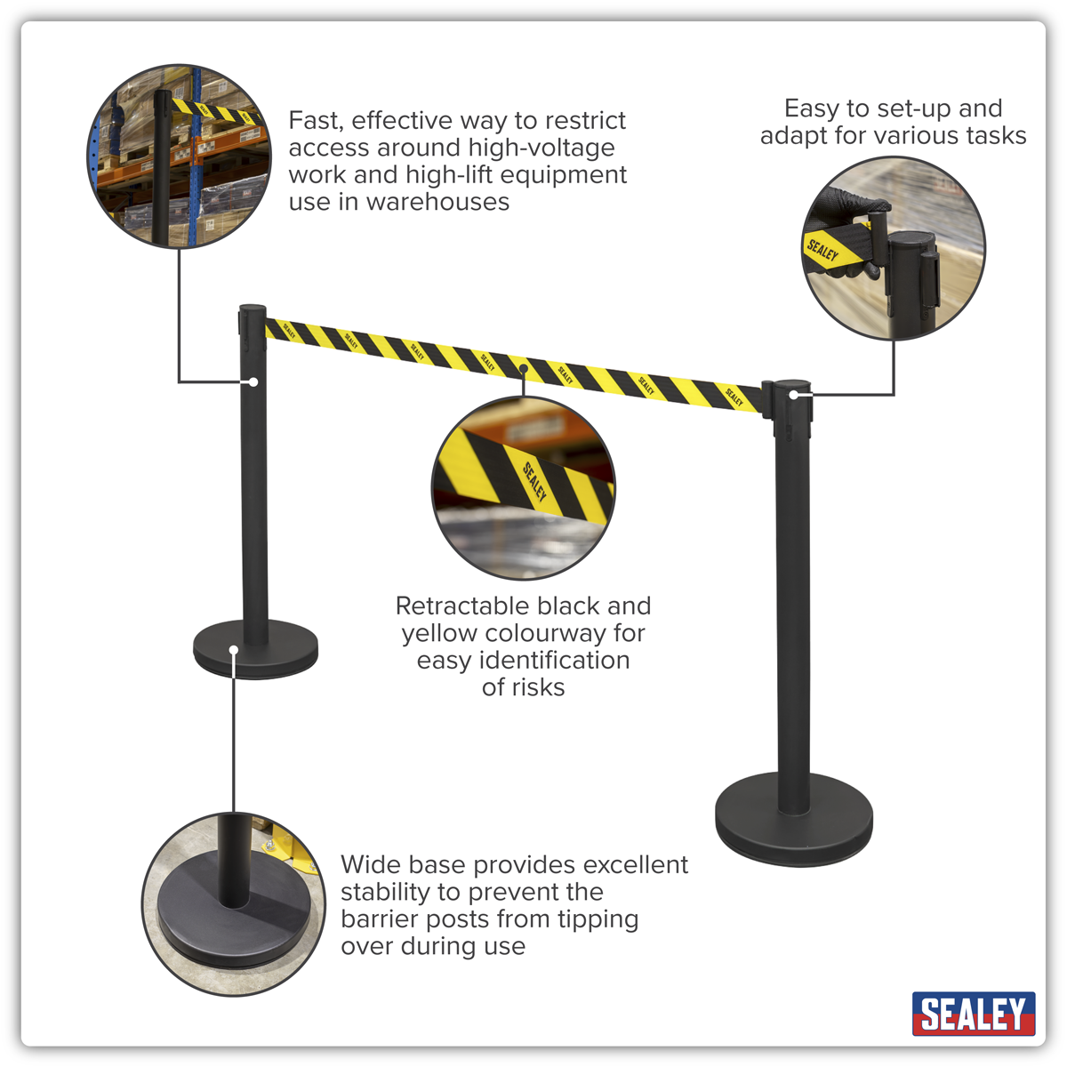 Sealey EV23 Retractable Safety Belt Barrier Post - Set of 2