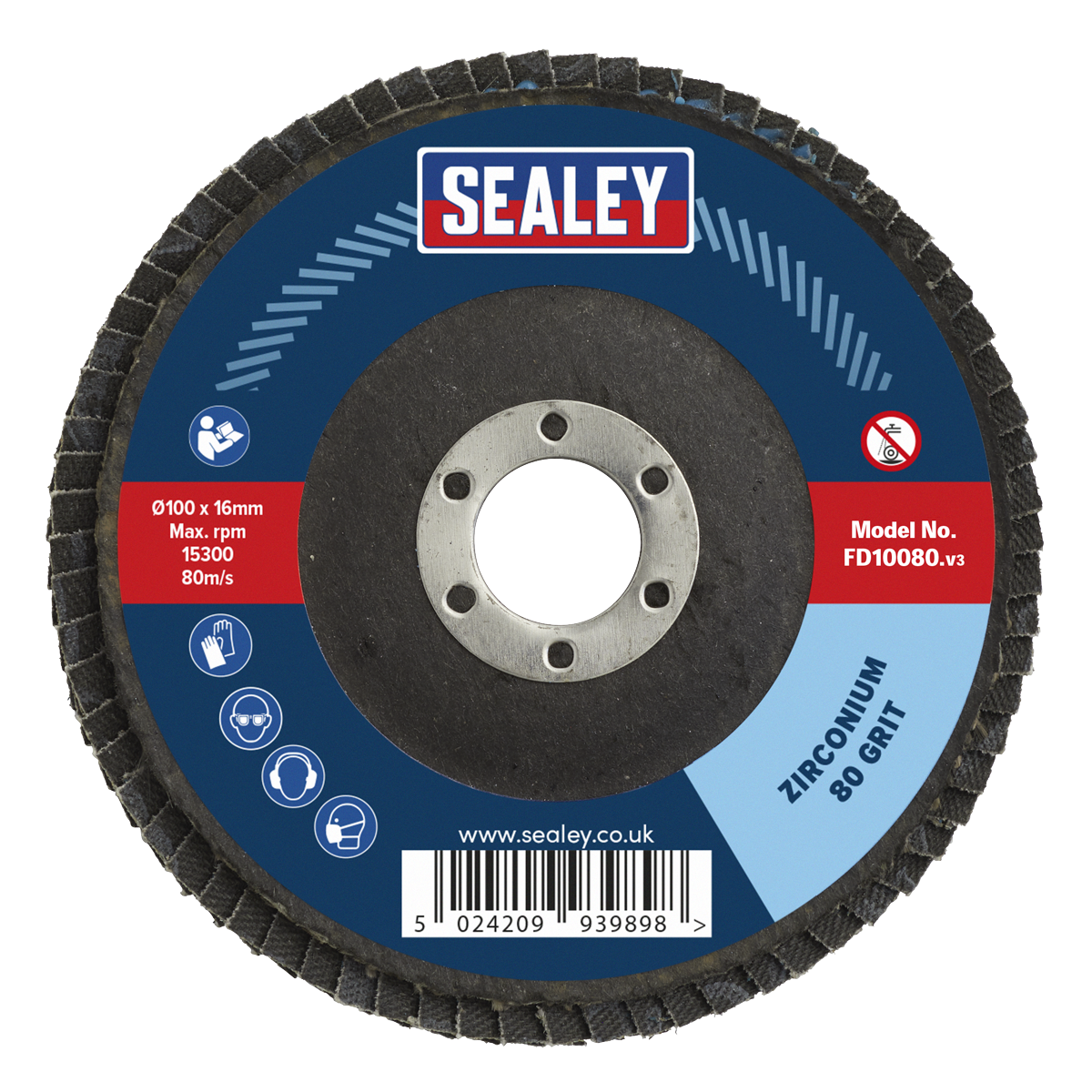 Sealey FD10080 100mm Zirconium Flap Disc 80Grit 16mm Bore