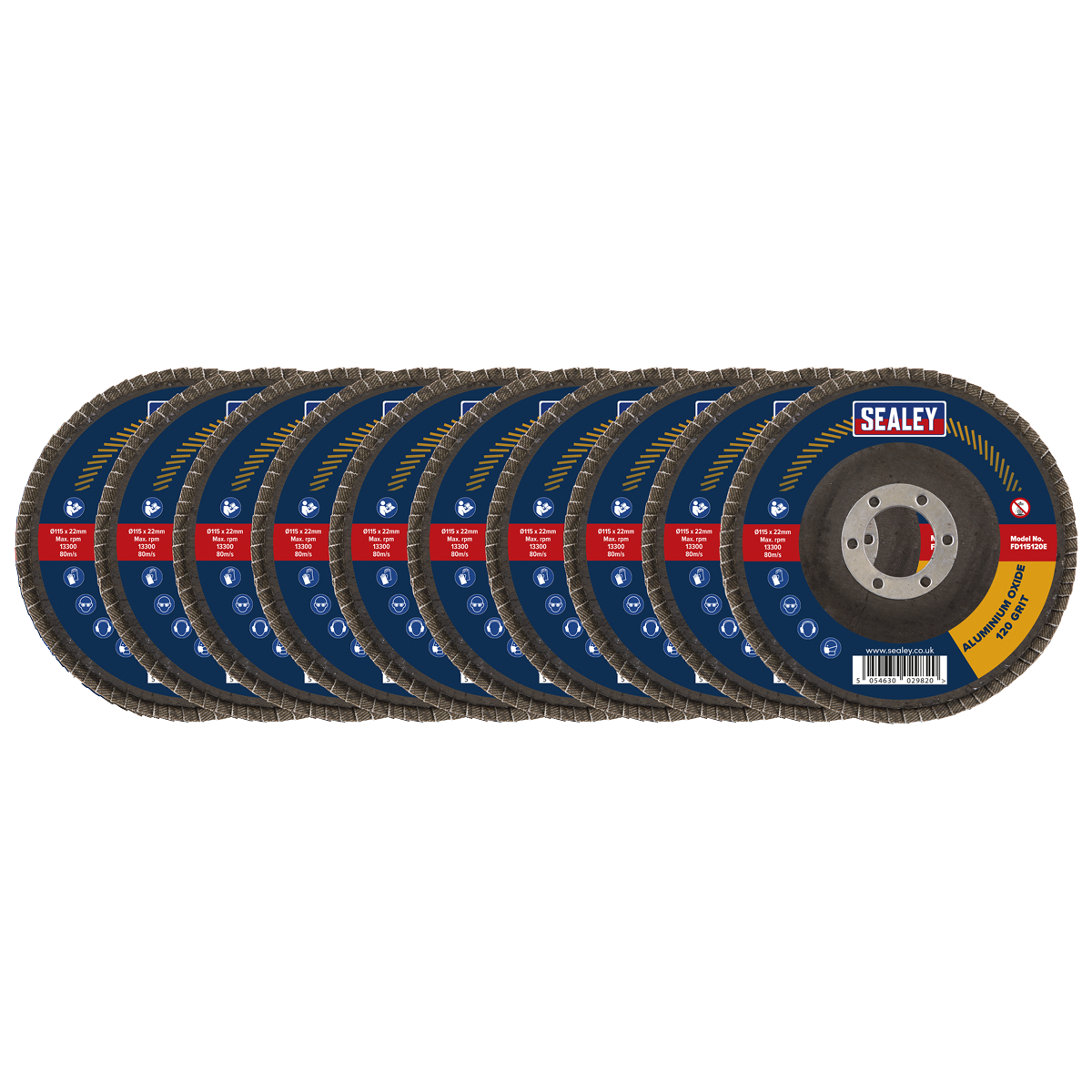 Sealey FD115120E10 115mm Aluminium Oxide Flap Discs 120Grit 22mm Bore - Pack of 10