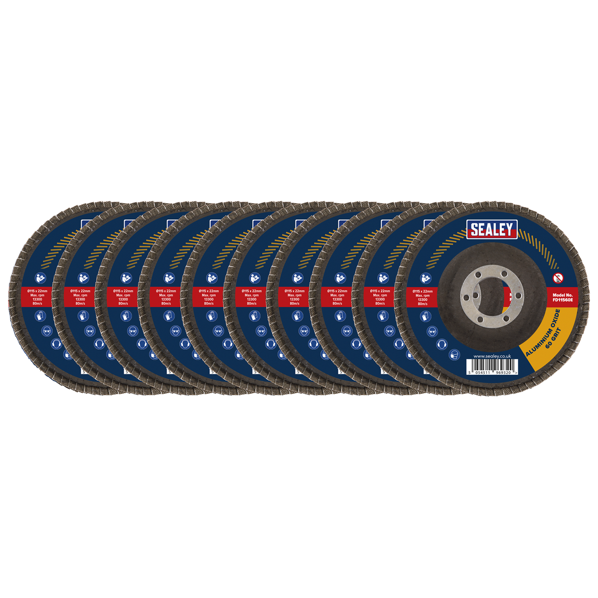 Sealey FD11560E10 115mm Aluminium Oxide Flap Discs 60Grit 22mm Bore - Pack of 10