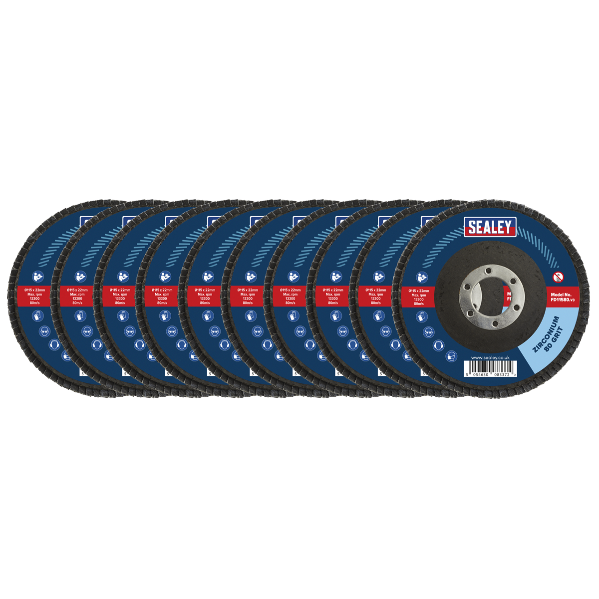 Sealey FD1158010 115mm Zirconium Flap Discs 80Grit 22mm Bore - Pack of 10