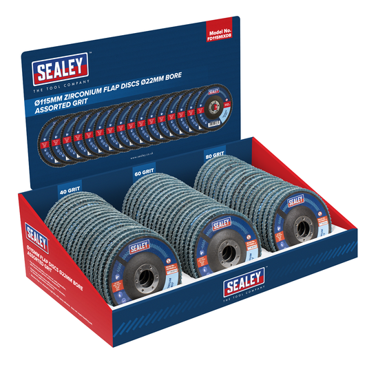 Sealey FD115MIXDB Assorted Grit Flap Discs Zirconium Ø115mm Ø22mm Bore - Display Box of 60