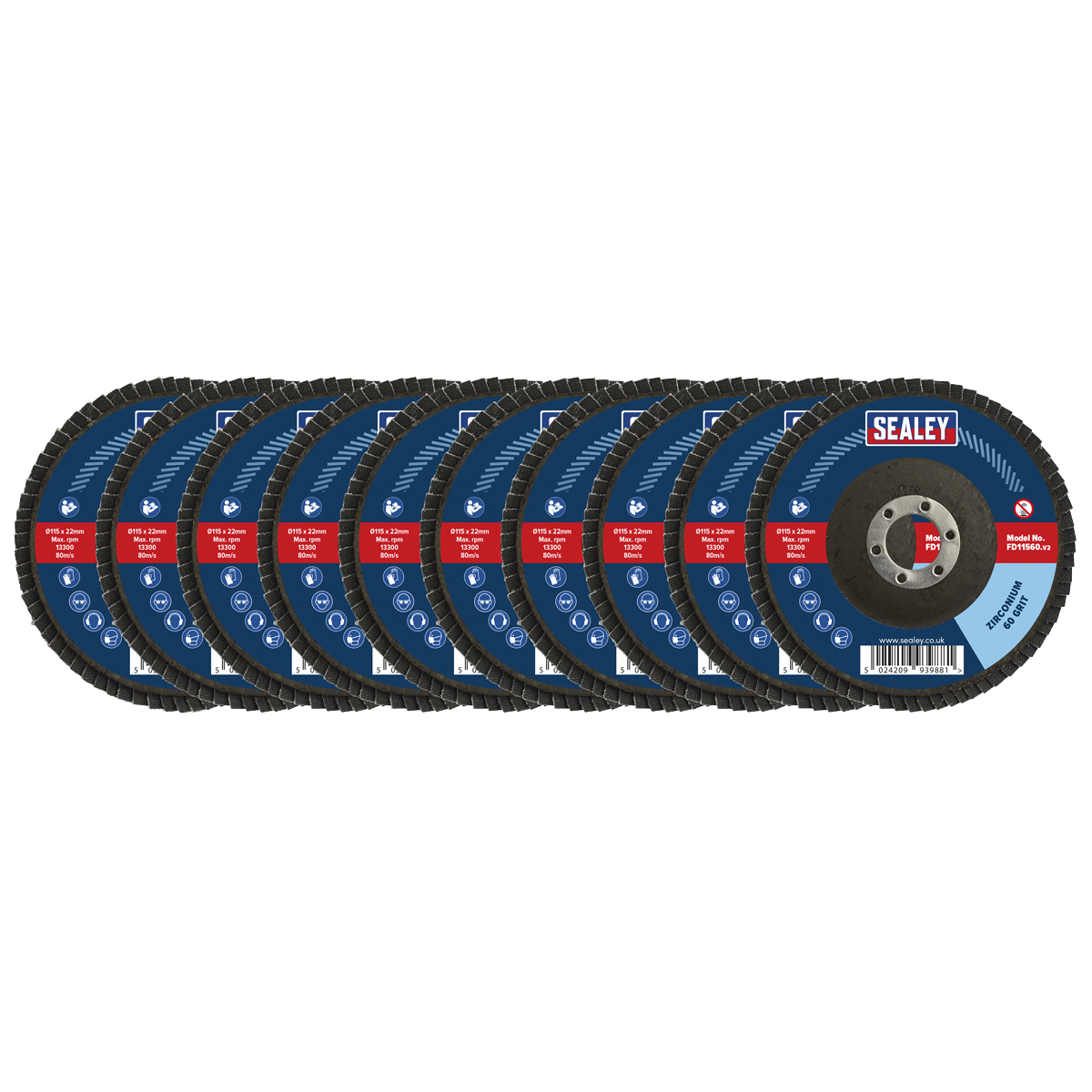 Sealey FD115MIX 115mm Zirconium Flap Discs Assorted Grit 22mm Bore - Pack of 10