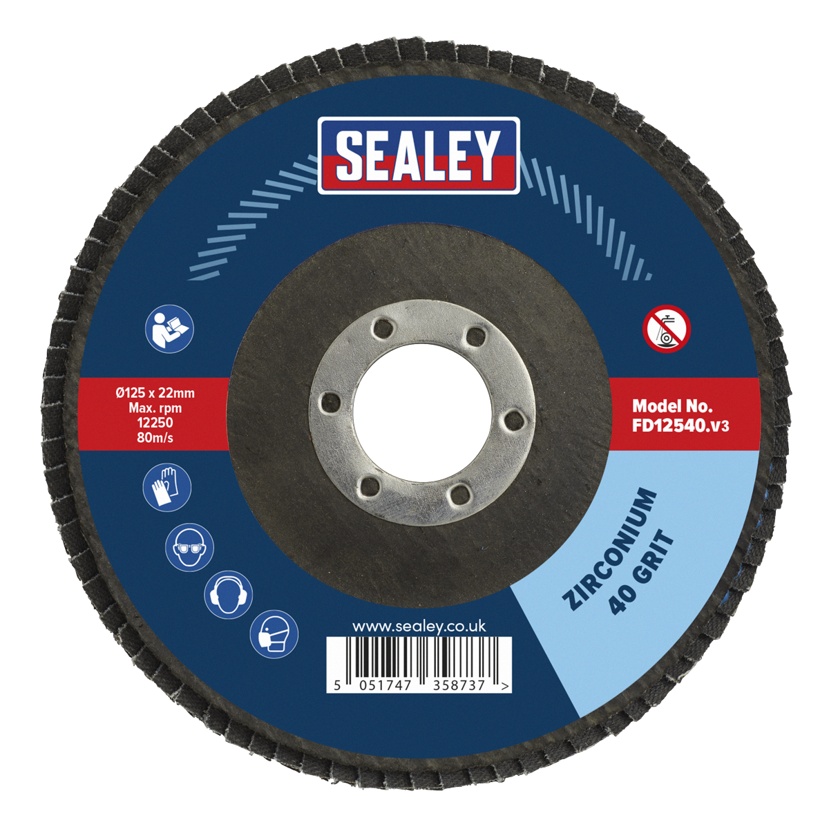 Sealey FD12540 125mm Zirconium Flap Disc 40Grit 22mm Bore