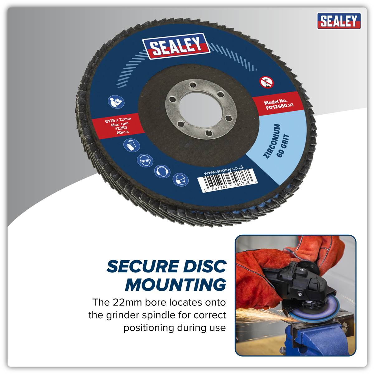 Sealey FD12560 125mm Zirconium Flap Disc 60Grit 22mm Bore