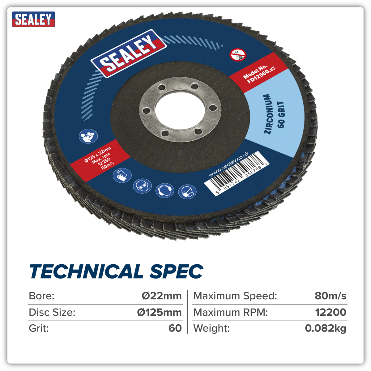 Sealey FD12560 125mm Zirconium Flap Disc 60Grit 22mm Bore