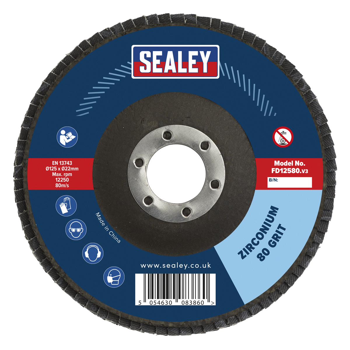 Sealey FD12580 125mm Zirconium Flap Disc 80Grit 22mm Bore