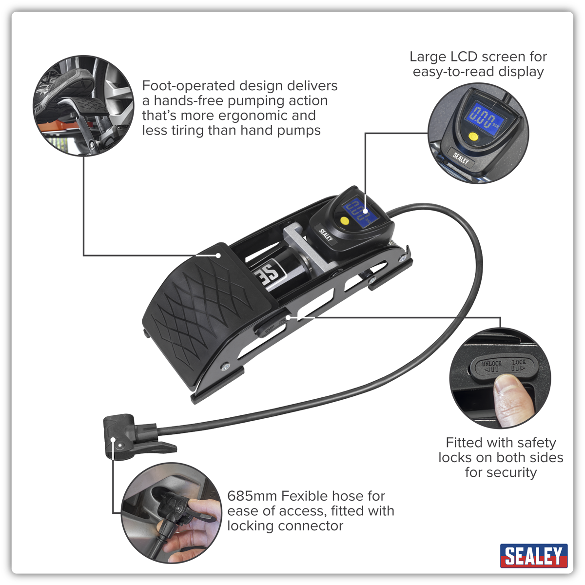Sealey FP8D Single Barrel Digital Foot Pump