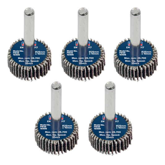 Sealey FW2510405 25 x 10mm Abrasive Flap Wheel with 6mm Shaft 40Grit - Pack of 5