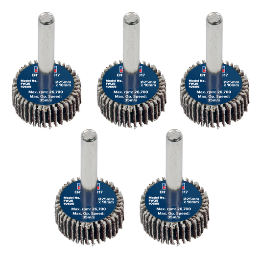 Sealey FW2510605 25 x 10mm Abrasive Flap Wheel with 6mm Shaft 60Grit - Pack of 5
