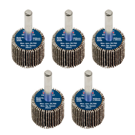 Sealey FW2520405 25 x 20mm Abrasive Flap Wheel with 6mm Shaft 40Grit - Pack of 5