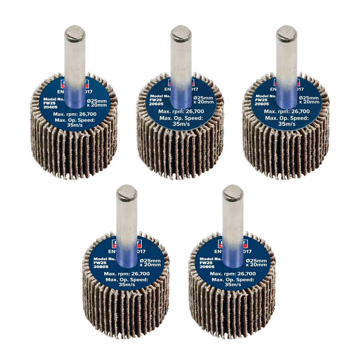 Sealey FW2520ASS 25 x 20mm Abrasive Flap Wheel with 6mm Shaft Assorted Grit - Pack of 5