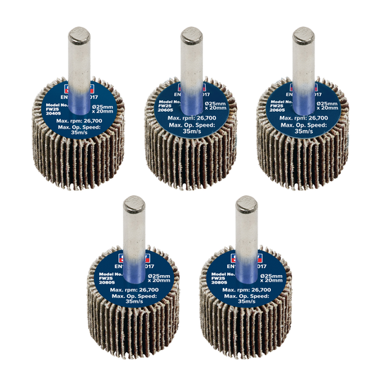 Sealey FW2520ASS 25 x 20mm Abrasive Flap Wheel with 6mm Shaft Assorted Grit - Pack of 5