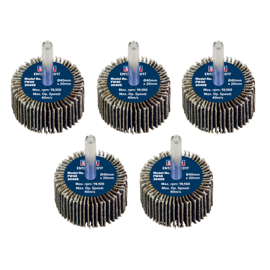 Sealey FW4020405 40 x 20mm Abrasive Flap Wheel with 6mm Shaft 40Grit - Pack of 5