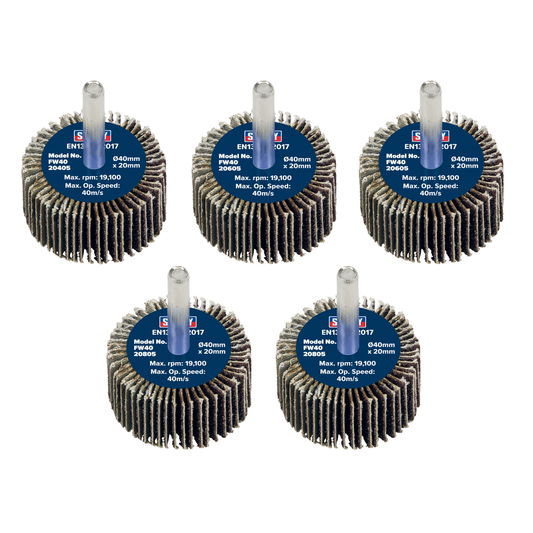 Sealey FW4020ASS 40 x 20mm Abrasive Flap Wheel with 6mm Shaft Assorted Grit - Pack of 5