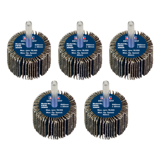 Sealey FW4030ASS 40 x 30mm Abrasive Flap Wheel with 6mm Shaft Assorted Grit - Pack of 5