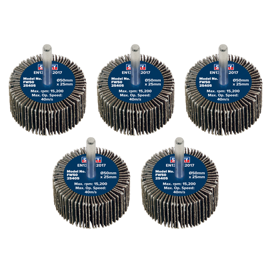 Sealey FW5025405 50 x 25mm Abrasive Flap Wheel with 6mm Shaft 40Grit - Pack of 5