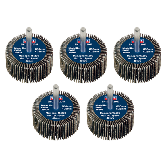 Sealey FW5025605 50 x 25mm Abrasive Flap Wheel with 6mm Shaft 60Grit - Pack of 5