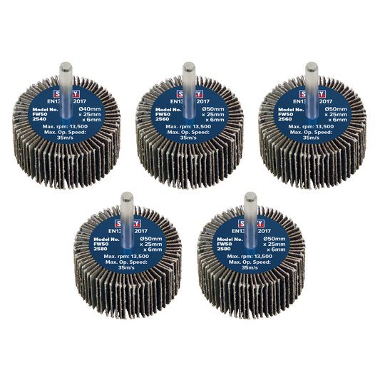 Sealey FW5025ASS 50 x 25mm Abrasive Flap Wheel with 6mm Shaft Assorted Grit - Pack of 5