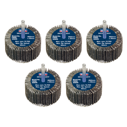 Sealey FW6030605 60 x 30mm Abrasive Flap Wheel with 6mm Shaft 60Grit - Pack of 5